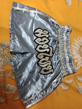 Women’s Silver Satin Shorts with Gold Trim Muy Thai